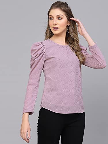 Selvia Women's Dyed Puff Sleeve Rotto Butti Round Neck Casual Top(430TK381N-Xl_Lavender4)