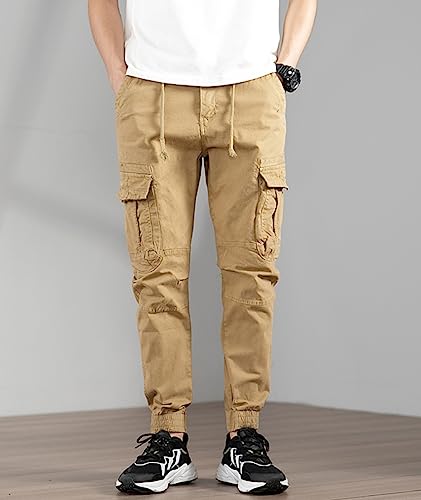 L'MONTE Imported Expandable Elastic Waist Slim Fit Casual Outwear Joggers Track Pant for Men Cotton Cargo (36, Khaki)