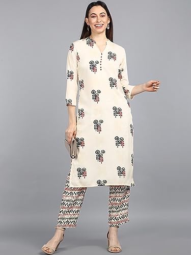 Vaamsi Women's Poly Crepe Ethnic Motifs Printed Straight Kurta Pant Set (PKSET1008_Off White_S)