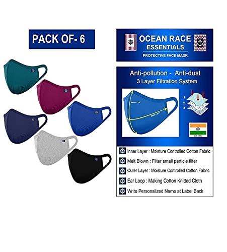 OCEAN RACE Cotton Anti Pollution 3 Layer Reuseable Face Mask (Petrol Blue,Wine,Grey,Indigo Blue,Black,Navy, Without Valve, Pack of 6) for Unisex