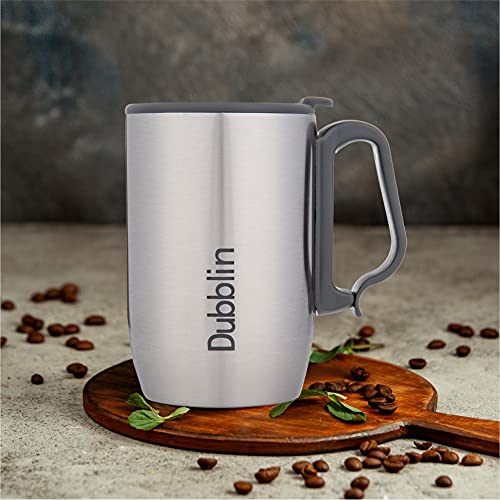 DUBBLIN Refresh Stainless Steel Unbreakable Tea Coffee Mug Double Wall Insulated with Handle and Lid, Wide Mouth Mug Keeps Beverages Hot & Cold 350 ML Silver