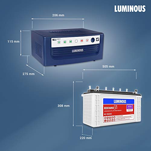 Luminous Inverter & Battery Combo (Eco Watt Neo 700 Square Wave 600VA/12V Inverter with Red Charge RC 15000ST Short Tubular 120Ah Battery) for Home, Office & Shops