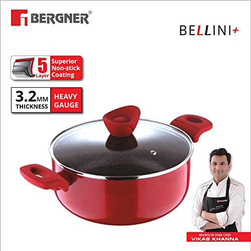 Bergner Bellini Plus Non Stick Casserole/ Biryani Pot/ Handi with Glass Lid, 24 cm, 4.2 Litres, Induction Base, Red, Gas Ready