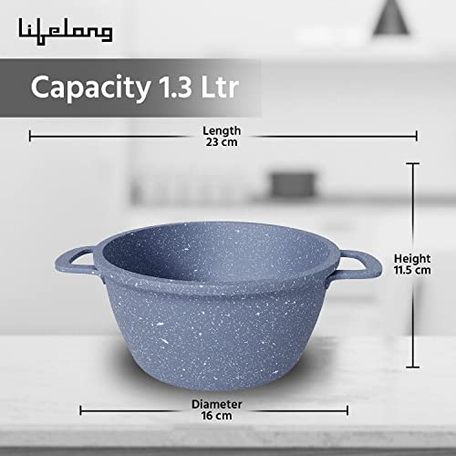 Lifelong Aluminium Die Cast Casserole with Lid 16 CM| 1.3 Litre Capacity| Non-Toxic| Gas Stove Safe | Hot Plate Safe | Scratch Resistant (Grey, LLCKC02)