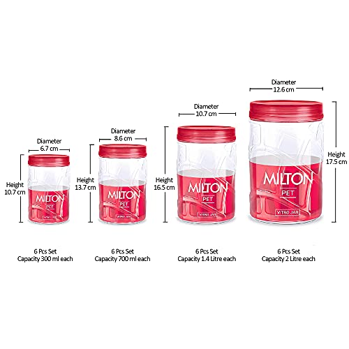 MILTON Vitro Plastic Pet Storage Jar and Container, Set of 24 (6 pcs x 270 ml Each, 6 pcs x 665 ml Each, 6 pcs x 1.24 Ltrs Each, 6 pcs x 1.85 Ltrs Each), Red Wine | Food Grade | Air Tight | BPA Free