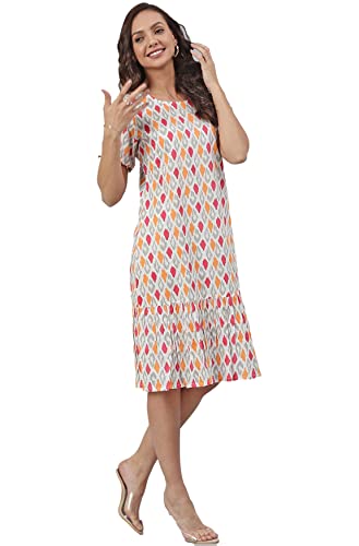 Janasya Women's Off White Cotton Printed A-line Western Dress(JNE3905-DR-XL)