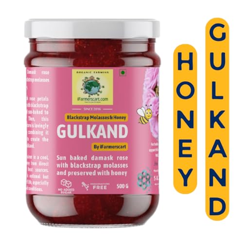 Organic Gulkand Infused with Honey & Blackstrap Molasses | No Added Sugar | No Artificial Flavors | Sun Baked Pure & Fresh Damask Rose Petal Jam | Handcrafted | Nutrient-Rich (500 G)