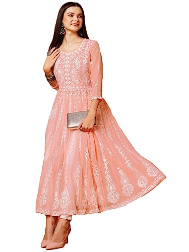 ANNI DESIGNER Women's Georgette Chikankari Embroidered Anarkali Kurti (Kari Peach-GRT_XL_Peach_X-Large)