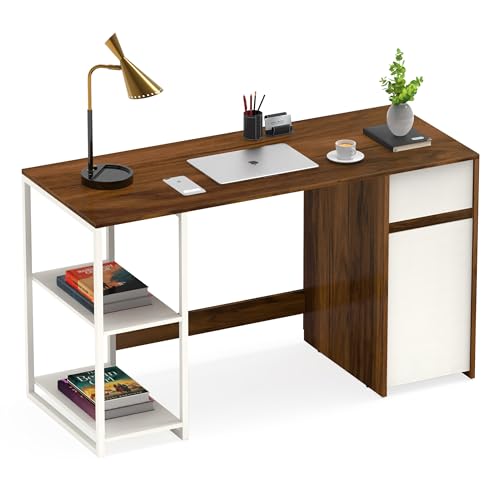 BLUEWUD Corbyn Engineered Wood Study and Computer Laptop Table for Home or Office, WFH Desk, with Drawer Shelves Storage for Books and Décor Display for Adults Kids Students (Brown Maple & White)