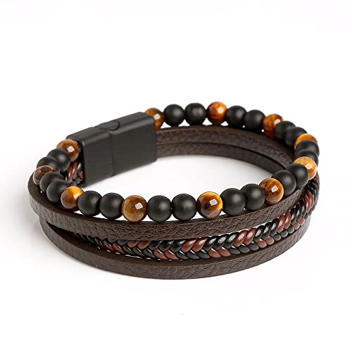 Fashion Frill Stylish Bracelet For Men Boys Boho Jewelry Beads Leather Charm Bracelets For Men Boys Tiger Eye's Stone Rosary love Bracelet Bangle Gift Accessories Mens Jewellery Bracelets