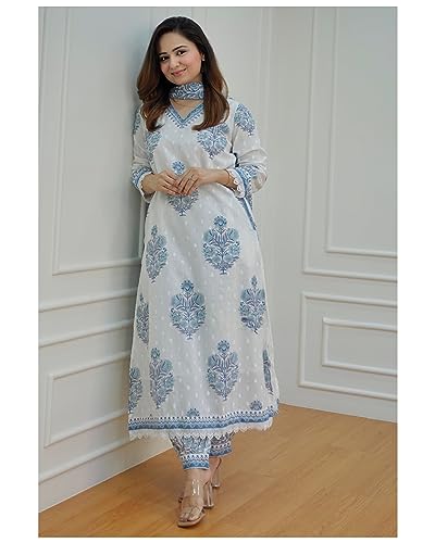 Arayna Women's Cotton Printed Floral Straight Kurta with Palazzo Pants and Printed Dupatta Set, Light Blue, X-Large