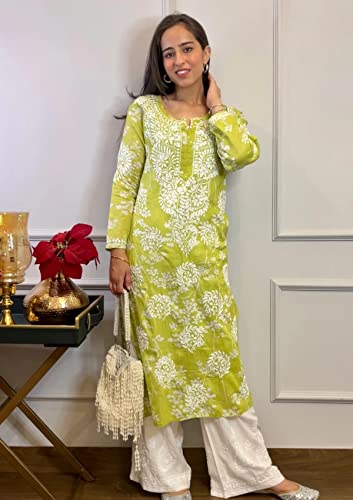 GoSriKi Women's Cotton Blend Straight Chikankari Embroidered Kurta (Zainab-Green-GS_M_Green_Medium)