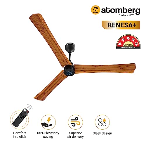 atomberg Renesa+ 1400mm BLDC Motor 5 Star Rated Ceiling Fans for Home with Remote Control | Upto 65% Energy Saving High Speed Fan with LED Lights | 2+1 Year Warranty (Oak Wood)