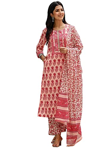 Vaamsi Women's Cotton Blend Floral Printed Straight Kurta Pant With Dupatta (VKSKD1154_Pink_M)