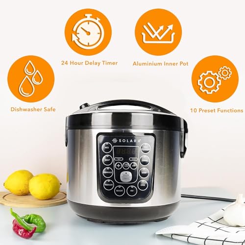 SOLARA MultiPurpose Electric Rice Cooker - Cool Touch MultiPurpose Cooker and Food Steamer, Digital Rice Cooker, 4 Cups (8 Cups Cooked) with Steam & Rinse Basket, 500 Watts, Stainless Steel, Silver