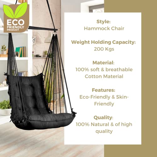 Curio Centre Cotton Swinging Hammock Hanging Swing Chair/Hammock Swing for Adults/Swing for Indoor Outdoor, Garden & Patio/Durable Portable Jhula/Swing for Home - Black