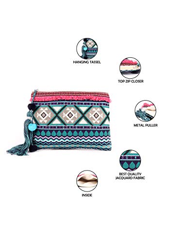 ASTRID 20 Cms Blue Cotton Makeup/Travel Pouch with Tassels
