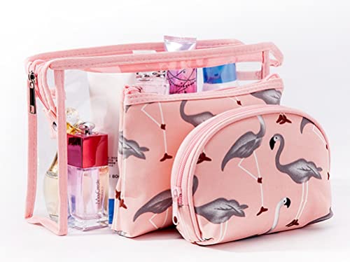 House of Quirk Flamingo Makeup Bag Set for Women's Portable 3 Different Sizes Toiletry Bag for Travel Daily Use for Women's Girl (Flamingo Dark Blue, Set of 3) 23 cms