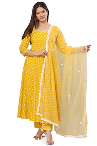 miss fame Women's Cotton Anarkali Kurta with Pants and Dupatta - (Yellow, XX-Large)