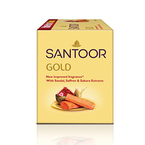 Santoor Gold Bathing Bar Soap with Kashmiri Saffron, Sandal & Sakura Extracts for Soft & Youthful Skin| Gentle & Rich Lathering Formula with Refreshing Fragrance| For All Skin Types (125g, Pack of 6)