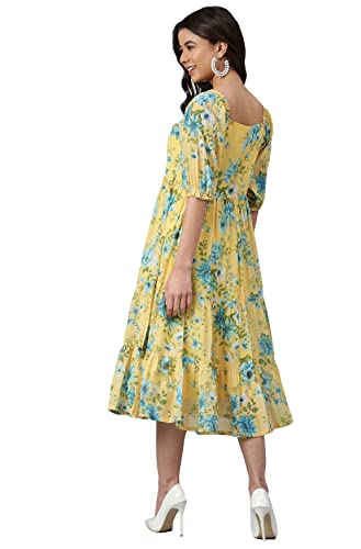 Janasya Women's Yellow Georgette Floral Print Flared Western Dress(J0433, L)