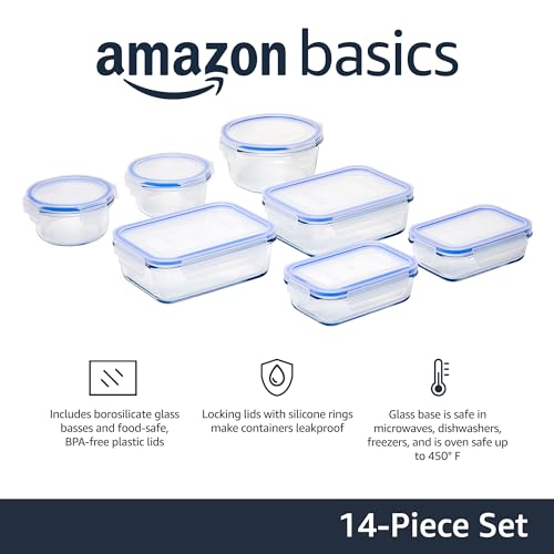 amazon basics Glass Leak-Proof Locking Lids - Food Storage Containers, 7-Piece Set