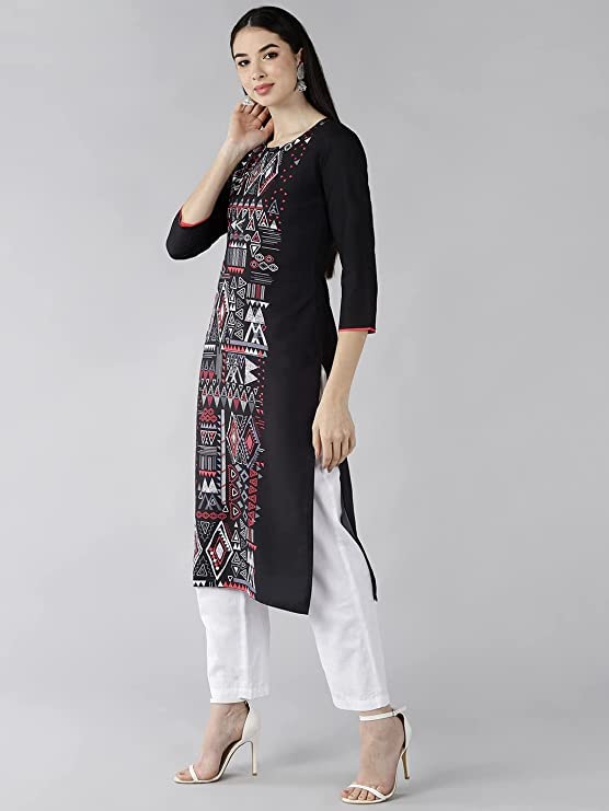 Vaamsi Women's Crepe Digital Geometric Printed Straight Kurta (VPK1619_Black_XL)