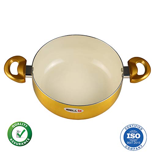 iBELL CS26C Ceramic Casserole 5.0 Litres with Glass Lid, Induction & Gas Compatible Cookware, 2.5mm Thickness, 3 Layer Ceramic Interior, Golden Finish