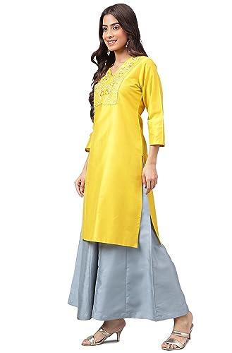 Janasya Women's Yellow Poly Silk Yoke Embroidered Straight Kurta(JNE4163-KR-M)