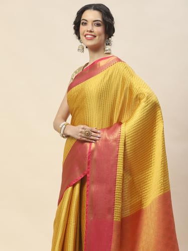 Meena Bazaar Zari Jaal Cotton Woven Saree With Blouse (Mustard)