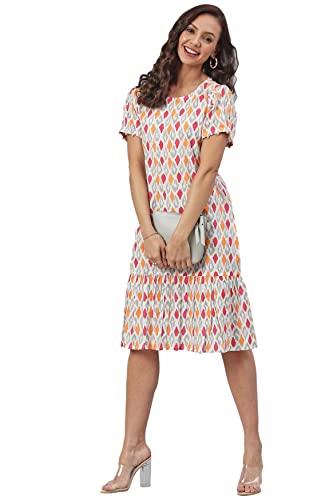 Janasya Women's Off White Cotton Printed A-line Western Dress(JNE3905-DR-XL)