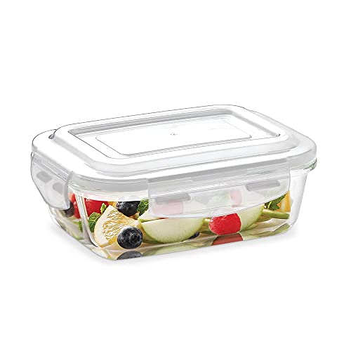 Borosil Klip N Store Glass Storage Container For Kitchen With Air-Tight Lid, Microwave & Oven Safe, Rectangular, 370 ml, Clear