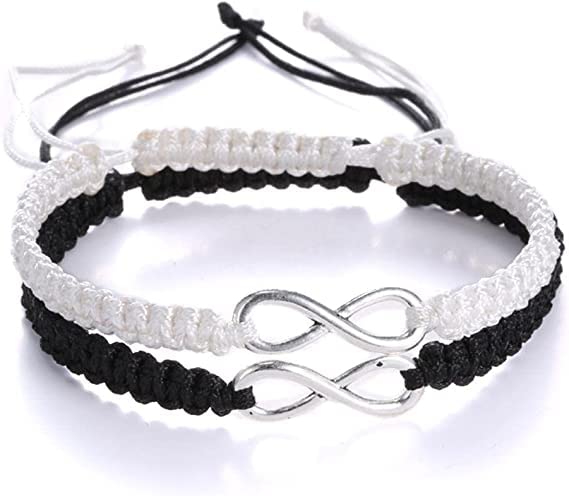 NIRA BY NALINI Brass 8 Infinity Couple Bracelet Braided nylon Rope Bangle Wrist Adjustable bracelet fit 5-10 Inch for Lover Friendship Family(Set of 2) (Black-white)