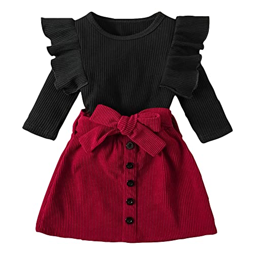 Hopscotch Girls Cotton and Spandex Solid Ruffled 3/4th Sleeves Top And Skirt Set in Black Color For Ages 3-4 Years (XIQ-4185391)