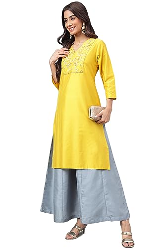 Janasya Women's Yellow Poly Silk Yoke Embroidered Straight Kurta(JNE4163-KR-M)