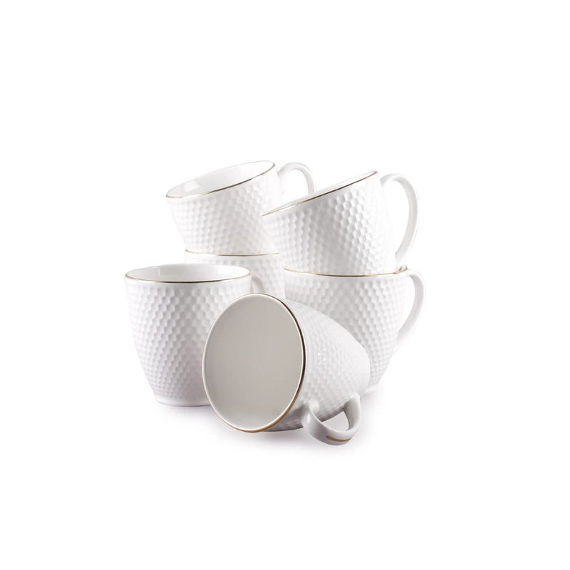 Clay Craft Impression Ceramic Gold Line Coffee Mugs/Tea Cups Set of 6 Pieces, 200ml, White (Omega)