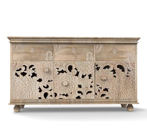 CORSICA DESIGNS | Premium Floral Hand-Carving Sideboard | 100% Solid Mango Wood | Storage Cabinet & Chest | 54x16x32 | Bedroom, Dining Room & Living Room | Farmhouse White (A. 3 Doors + 3 Drawers)