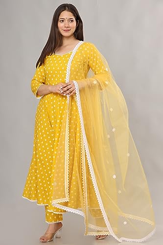 miss fame Women's Cotton Anarkali Kurta with Pants and Dupatta - (Yellow, XX-Large)
