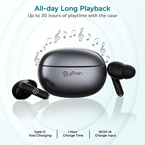 pTron Bassbuds Eon Truly Wireless in Ear Earbuds with Mic,ENC, 13mm Driver, Stereo Sound, BT 5.3 Headphone, Quick Pairing, Touch Control, Fast Charging & 30Hrs Playtime, IPX4 & Voice Asst (Grey/Black)