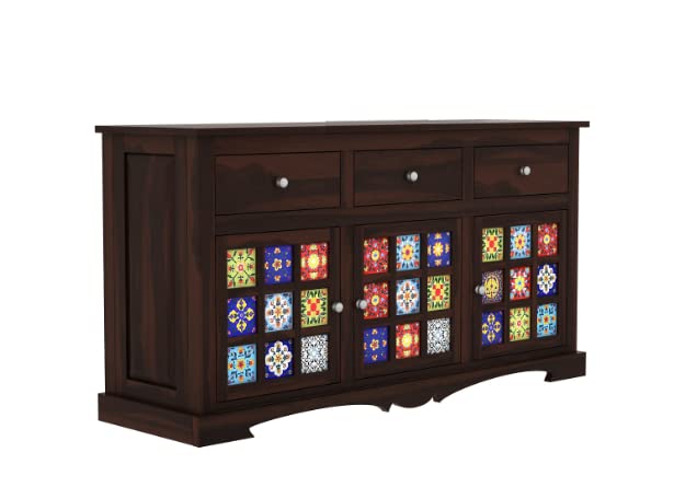 UrbonArts Solid Sheesham Wood Sideboard Tv Cabinet for Living Room | Free Standing Movable Tv Unit Side Board Table with 3 Drawer & 2 Cabinet Storage Furniture for Home | Walnut Finish (Walnut With 3 Drawer)