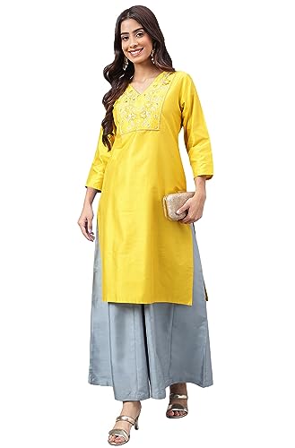 Janasya Women's Yellow Poly Silk Yoke Embroidered Straight Kurta(JNE4163-KR-M)