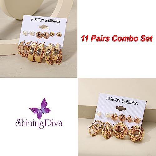 Shining Diva Fashion 11 Pairs Combo Set Latest Stylish Hoop Stud Earrings for Women and Girls (Gold) (14949er)