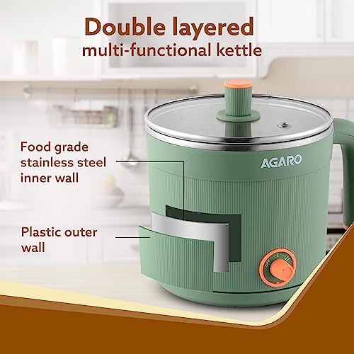 AGARO Regency Multi Cook Kettle With Steamer, 1.2L Inner Pot, Double Layered Body, Variable Temperature Settings, Wide Mouth, Boiling, Steaming, Tea, Coffee, Egg, Vegetable Boiling, 600W, Sea Green