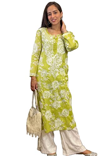 GoSriKi Women's Cotton Blend Straight Chikankari Embroidered Kurta (Zainab-Green-GS_M_Green_Medium)