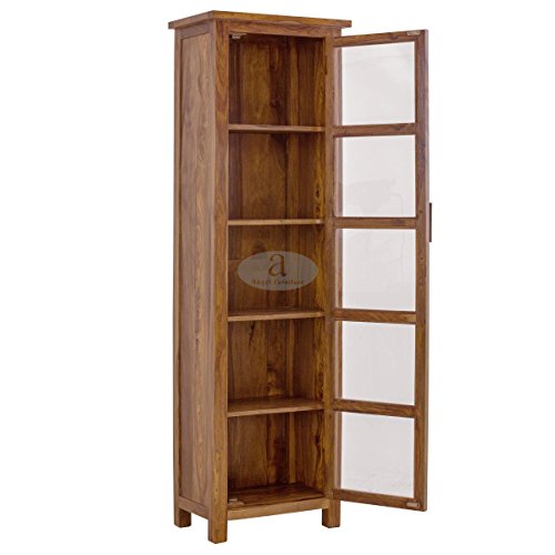 ANGEL FURNITURE Baltimore Solid Sheesham Wood Tall Crockery Cabinet | Book Shelf with Glass Door Honey Finish