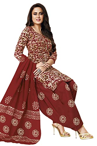 Miraan Cotton Printed Readymade Salwar Suit For Women (MIRAANSANBAT501XL_Maroon_X-Large)