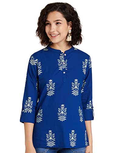 Amazon Brand - Myx Women's Cotton Screen Print Straight Short Kurti (SS19MYXTP019A1_Indigo 1_XL)