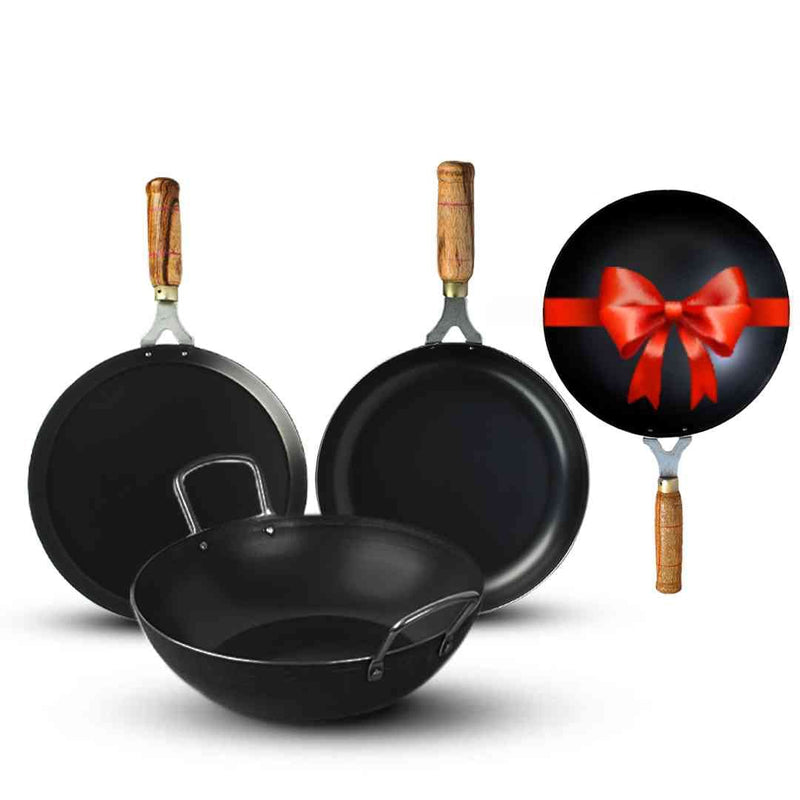 The Indus Valley Pre-Seasoned Iron Cookware Set + Free Wok (25 cm) | Kadai (24 cm) + Fry Pan (24 cm) + Tawa (26 cm) | Kitchen Cooking Combo Pots and Pans Set of 4Pcs | Naturally Nonstick