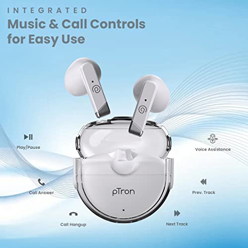 pTron Bassbuds Fute 5.1 Bluetooth Truly Wireless Featherlite TWS in Ear Earbuds with Mic, 25Hrs Playtime, 13mm Driver, Immersive Audio Headphones, Touch Control, Voice Assist & Fast Charging (White)