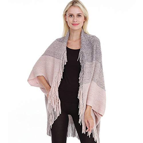 Bold N Elegant Girl's Winter Warm Open Front Poncho Cardigan Shrug Style Wrap with Tassel Fringe Hem for Women (Off White - Grey)